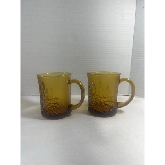 RARE Vintage Amber Rose Glass Mugs Set 2 Indonesia Pasari Liva GB-1199 Gift Box - Picture 12 of 16